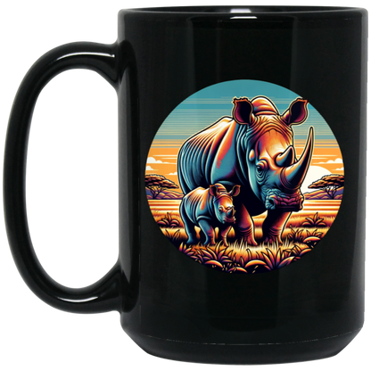 Rhino Mom and Calf Circle Graphic Mugs