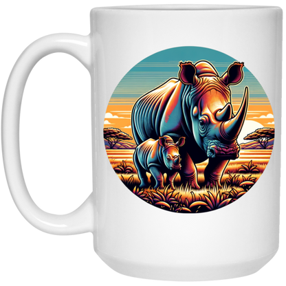 Rhino Mom and Calf Circle Graphic Mugs