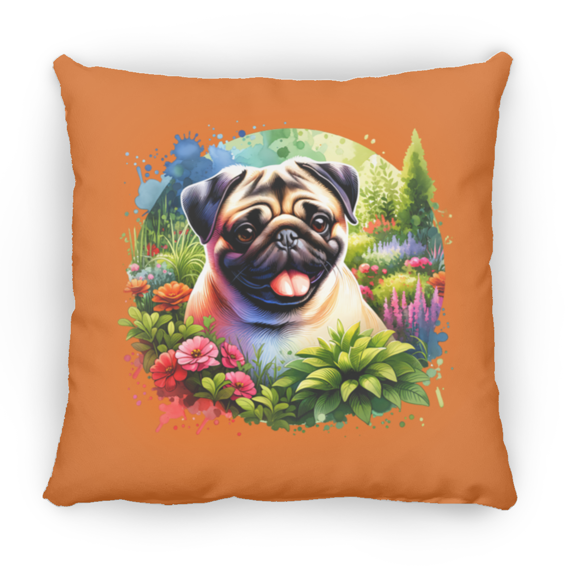 Pug in Garden Throw Pillows
