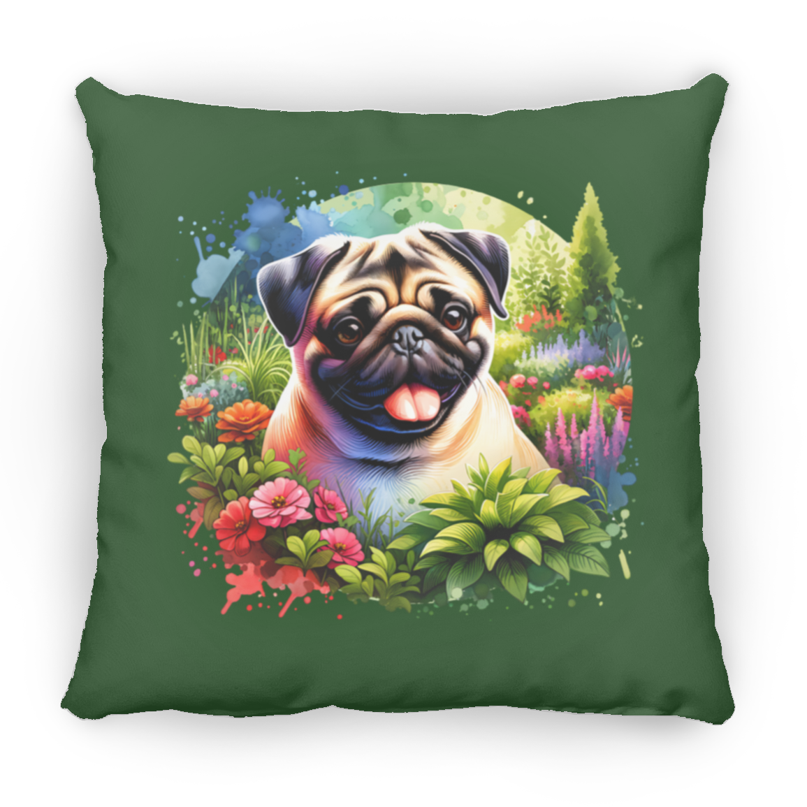 Pug in Garden Throw Pillows