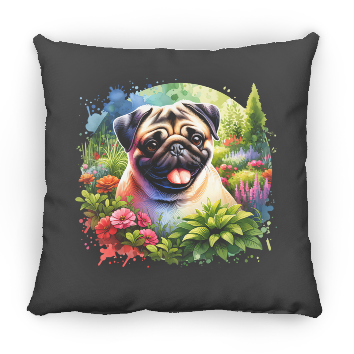 Pug in Garden Throw Pillows