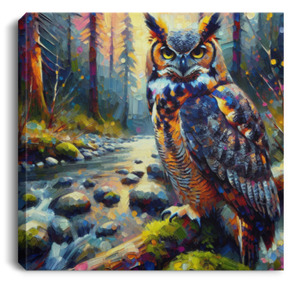 Great Horned Owl by Stream - Canvas Art Prints