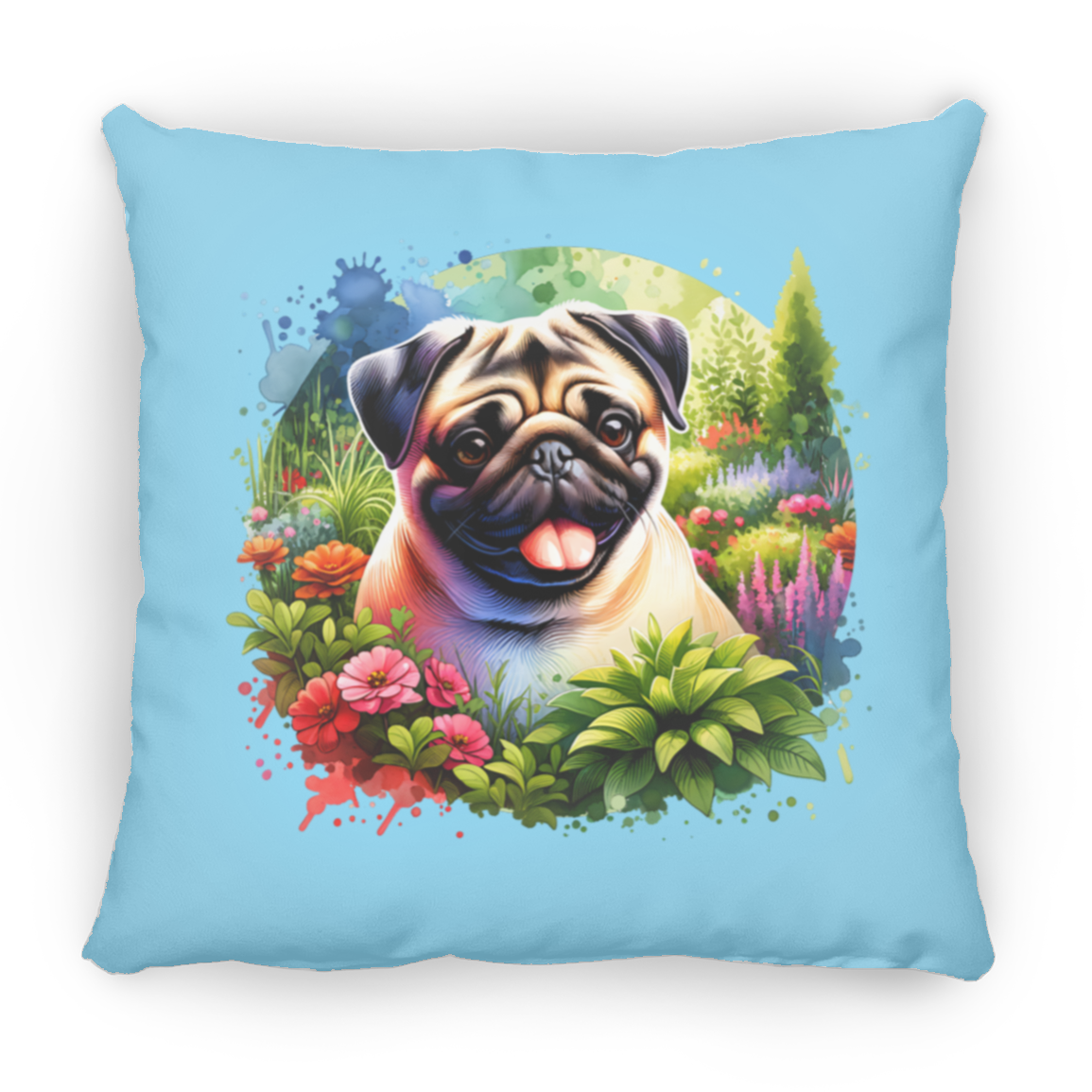 Pug in Garden Throw Pillows