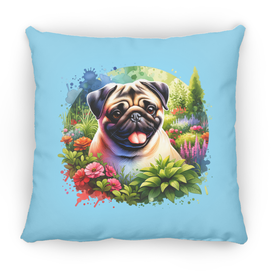 Pug in Garden Throw Pillows