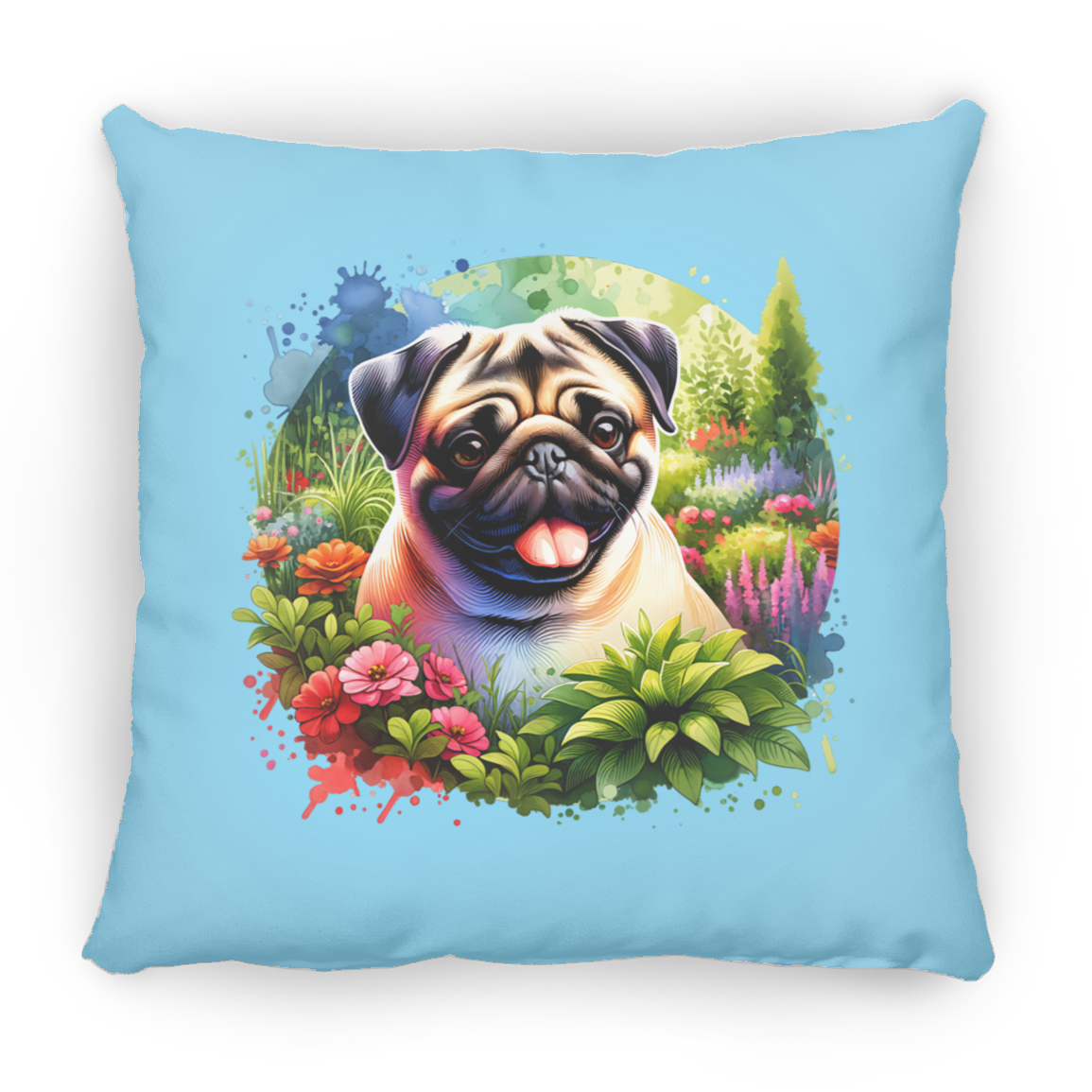 Pug in Garden Throw Pillows