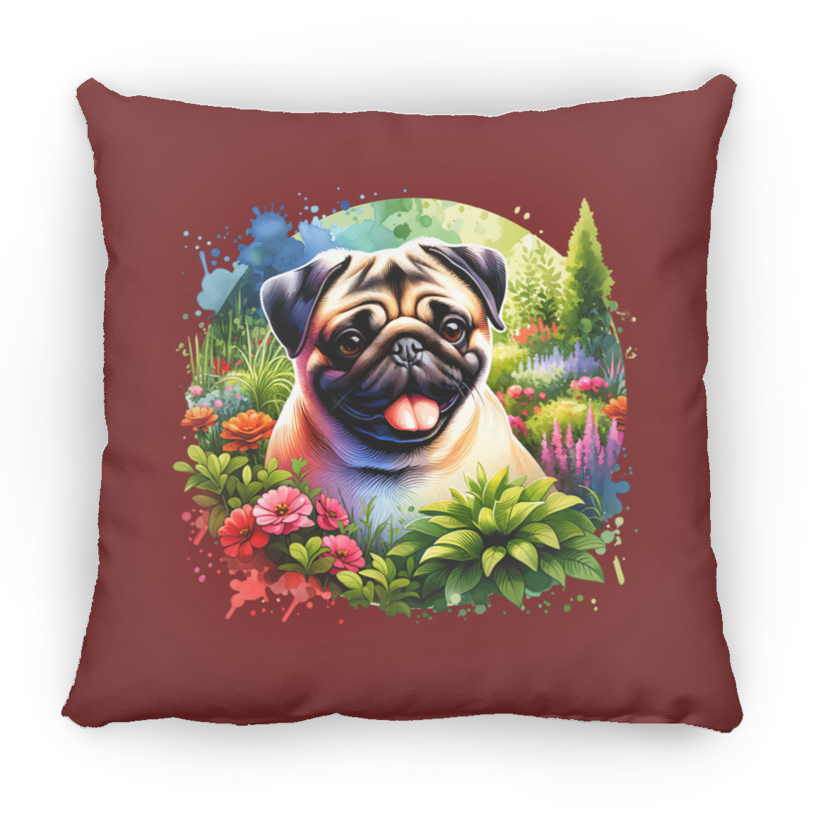 Pug in Garden Throw Pillows