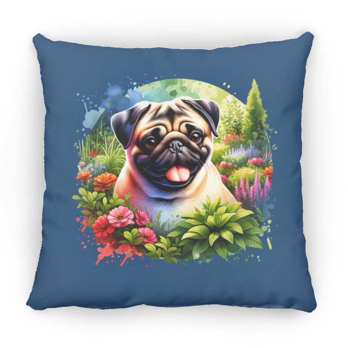 Pug in Garden Throw Pillows