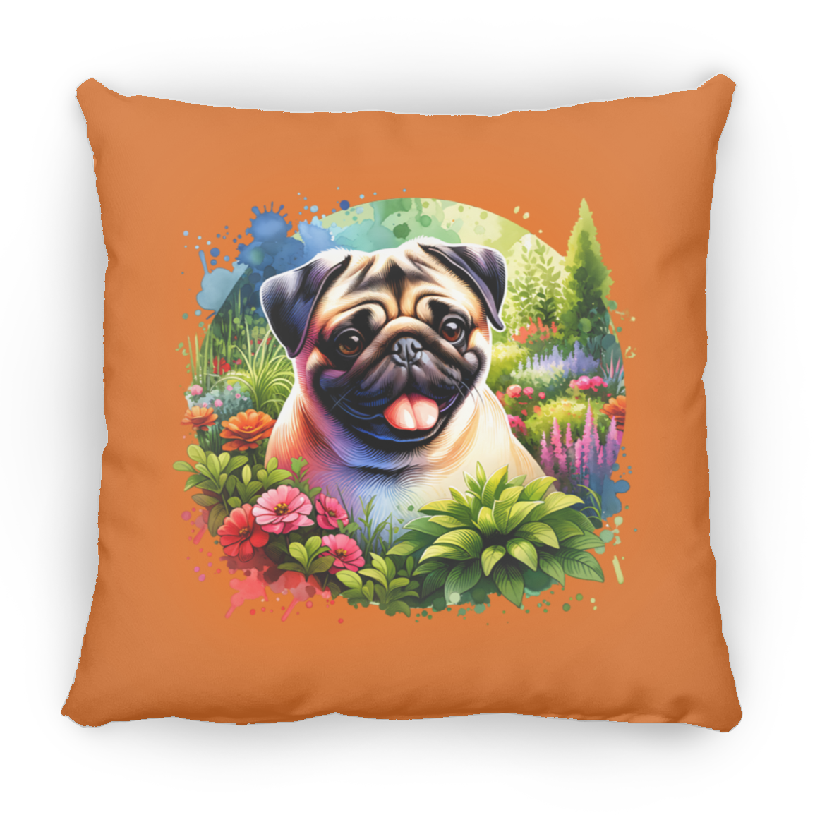 Pug in Garden Throw Pillows