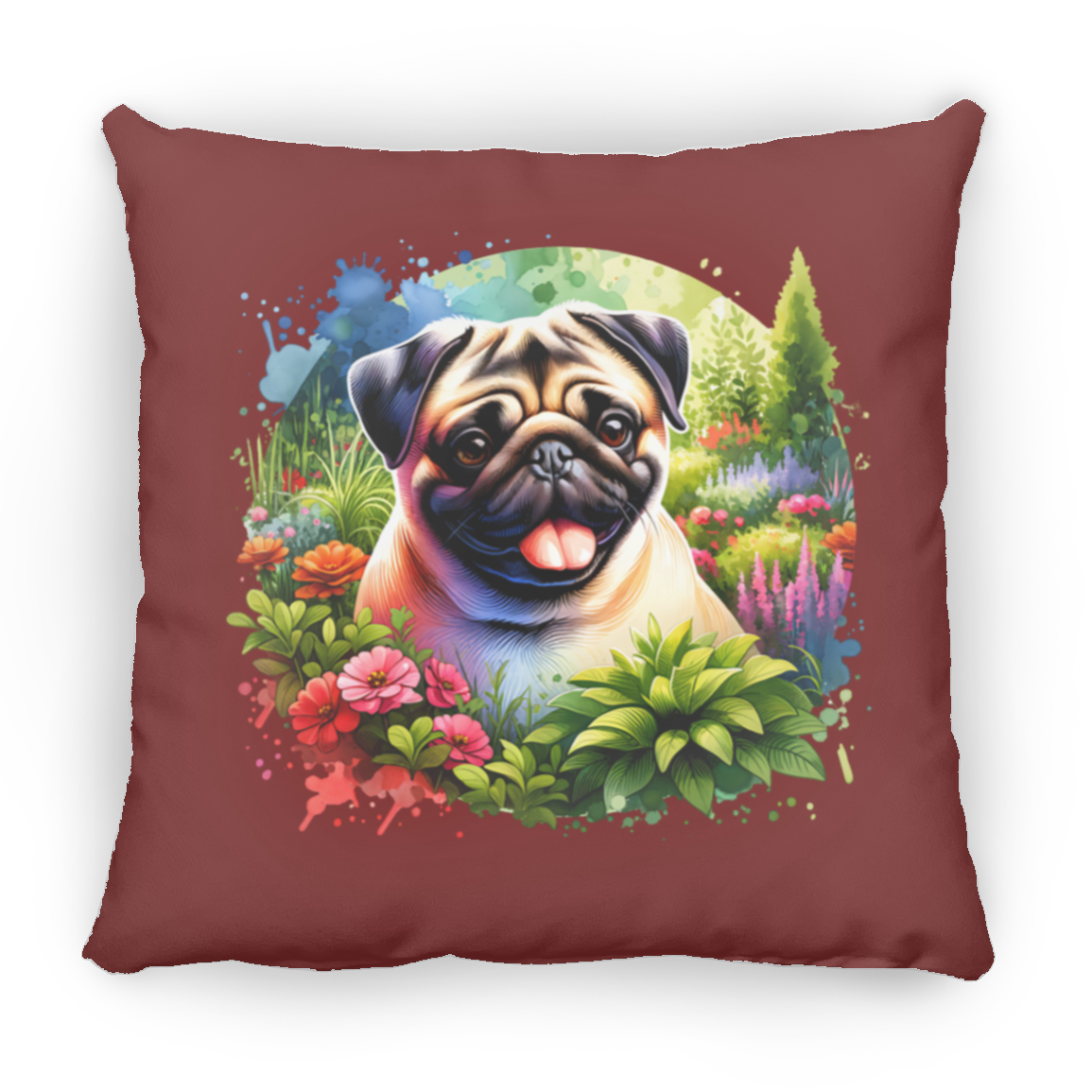 Pug in Garden Throw Pillows