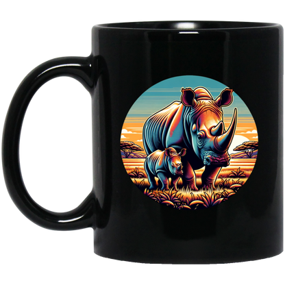 Rhino Mom and Calf Circle Graphic Mugs