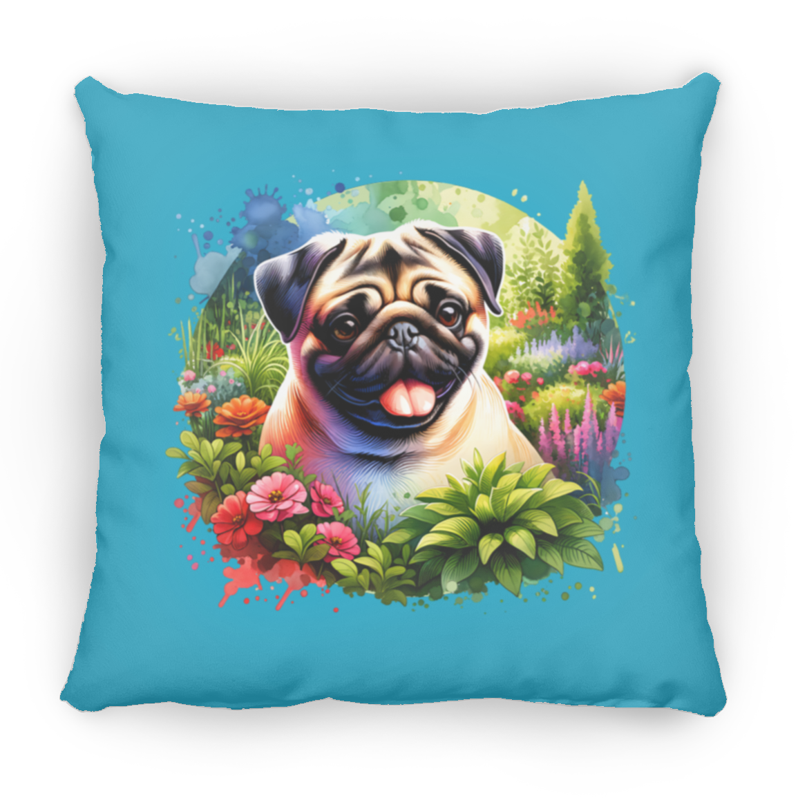 Pug in Garden Throw Pillows