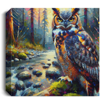 Great Horned Owl by Stream - Canvas Art Prints