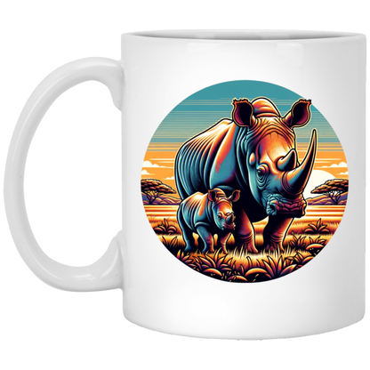 Rhino Mom and Calf Circle Graphic Mugs