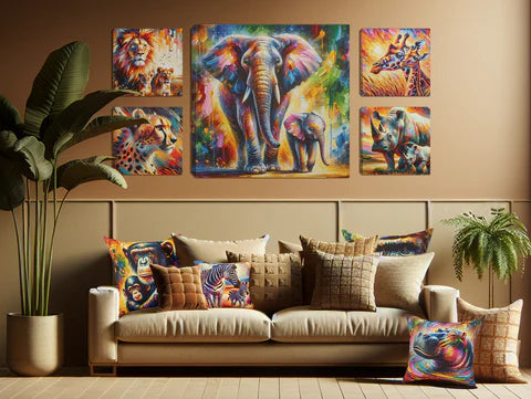 Model living room with multiple Canvas Wall Art images and pillows.