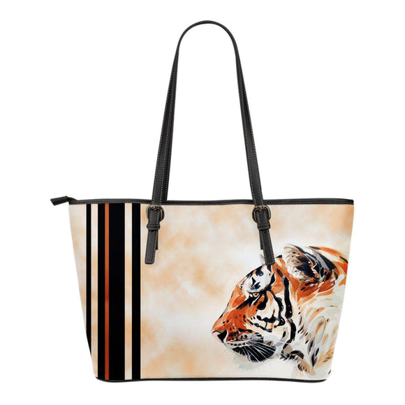 Watercolor Tiger Face Leather Tote Bag