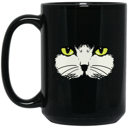 Gold Eyed Cat Face - 11 and 15 oz Black Mugs