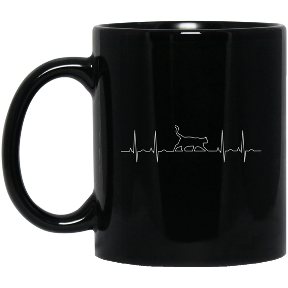 Walking Cat Heartbeat 11 and 15 oz Black Mugs