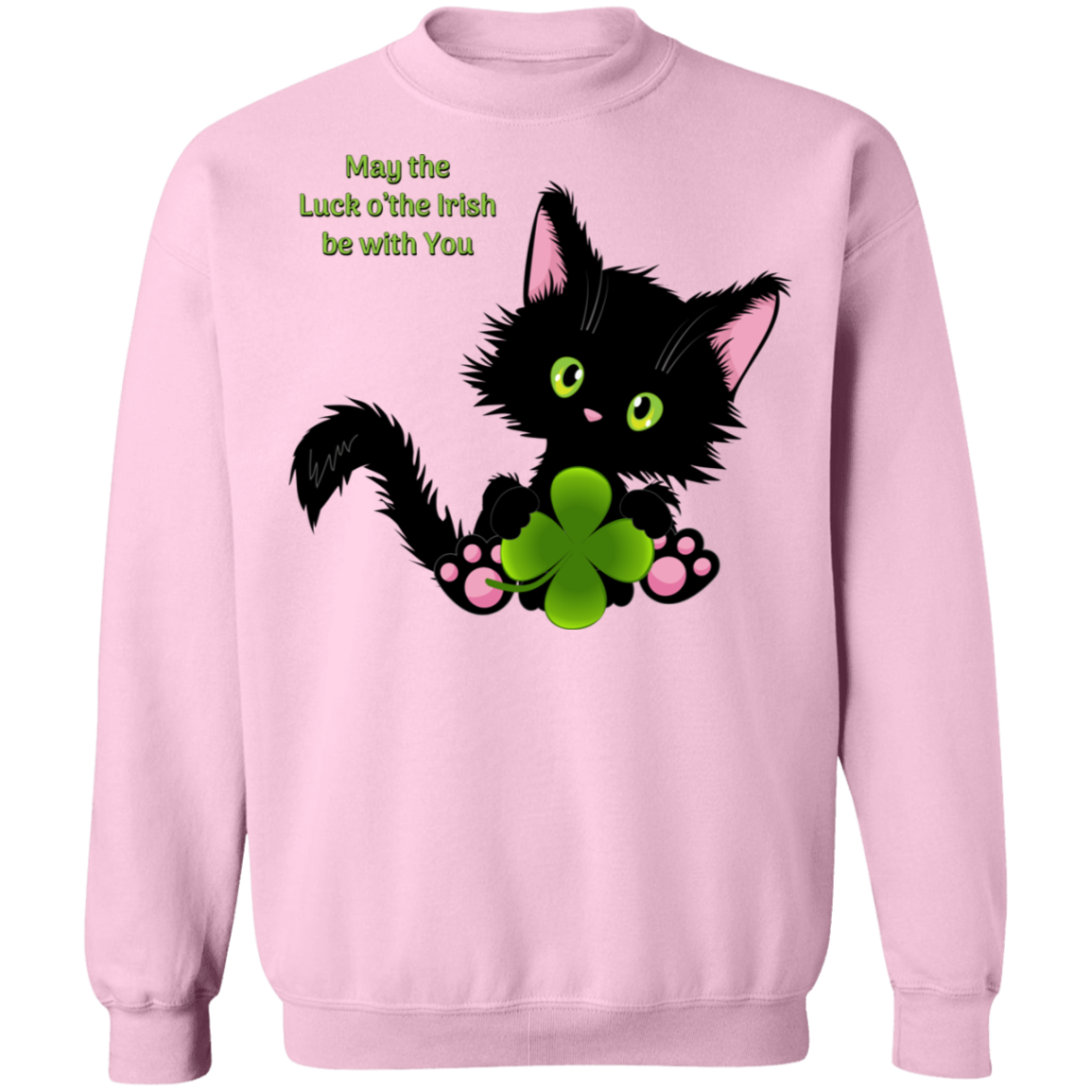 Lucky the Black Cat with Shamrock Crewneck Pullover Sweatshirt