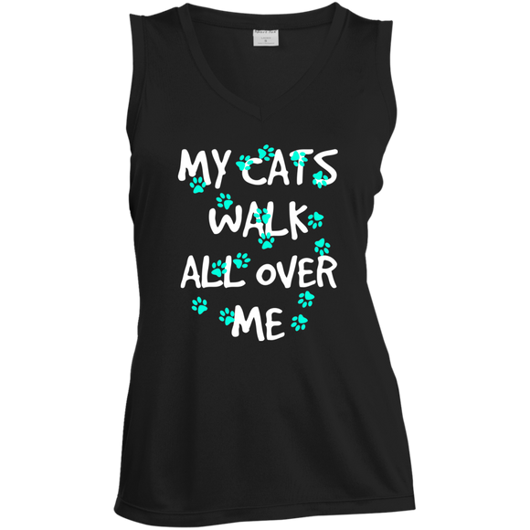My Cats Walk All Over Me - Turquoise Pawprints Ladies Sleeveless Moisture Absorbing V-Neck