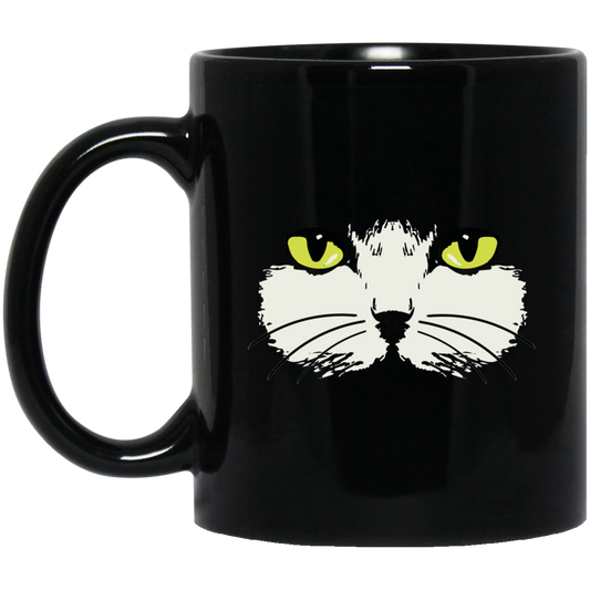 Gold Eyed Cat Face - 11 and 15 oz Black Mugs
