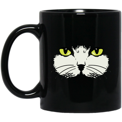 Gold Eyed Cat Face - 11 and 15 oz Black Mugs