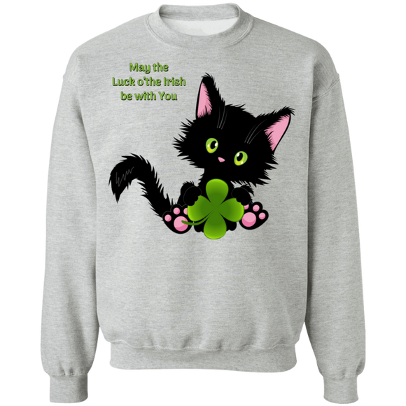 Lucky the Black Cat with Shamrock Crewneck Pullover Sweatshirt