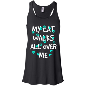 My Cat Walks All Over Me - Turquoise Pawprints Flowy Racerback Tank