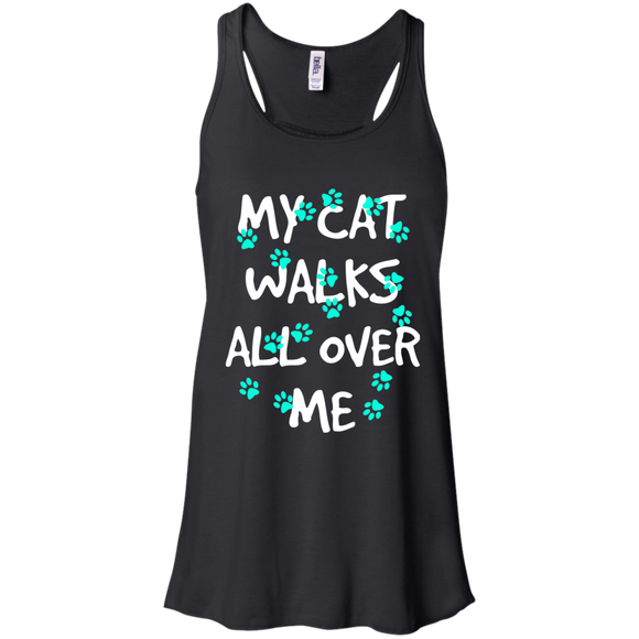 My Cat Walks All Over Me - Turquoise Pawprints Flowy Racerback Tank