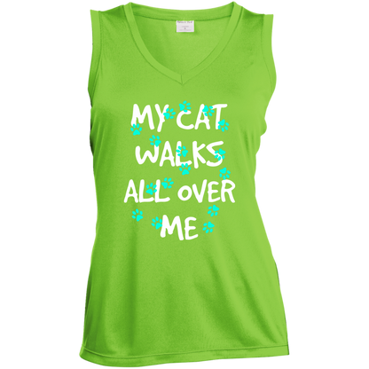 My Cat Walks All Over Me - Turquoise Pawprints Ladies Sleeveless Moisture Absorbing V-Neck