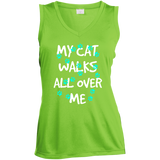 My Cat Walks All Over Me - Turquoise Pawprints Ladies Sleeveless Moisture Absorbing V-Neck