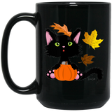 Lucky the Black Cat with Pumpkin Mugs