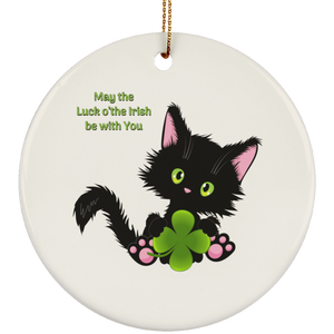 Lucky the Black Cat with Shamrock Ceramic Ornaments in 4 Shapes