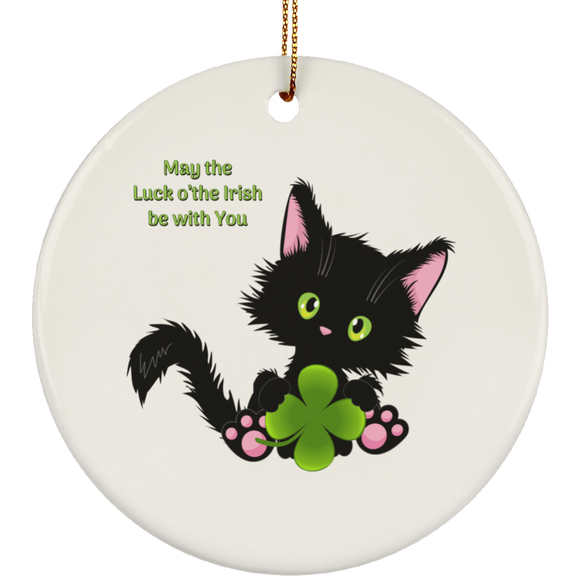 Lucky the Black Cat with Shamrock Ceramic Ornaments in 4 Shapes
