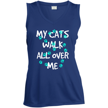My Cats Walk All Over Me - Turquoise Pawprints Ladies Sleeveless Moisture Absorbing V-Neck