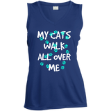 My Cats Walk All Over Me - Turquoise Pawprints Ladies Sleeveless Moisture Absorbing V-Neck