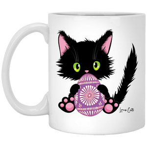 Lucky the Black Cat with Easter Egg White Mugs