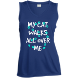 My Cat Walks All Over Me - Turquoise Pawprints Ladies Sleeveless Moisture Absorbing V-Neck