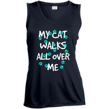 My Cat Walks All Over Me - Turquoise Pawprints Ladies Sleeveless Moisture Absorbing V-Neck