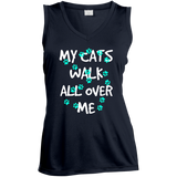 My Cats Walk All Over Me - Turquoise Pawprints Ladies Sleeveless Moisture Absorbing V-Neck