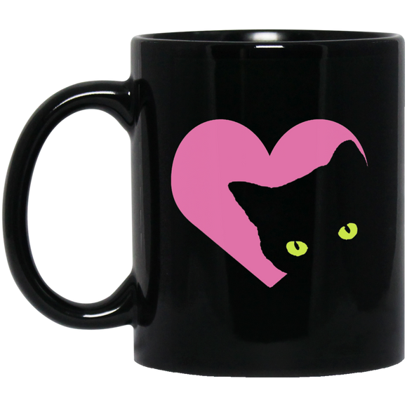 Black Cat Heart 11 and 15 oz Black Mugs