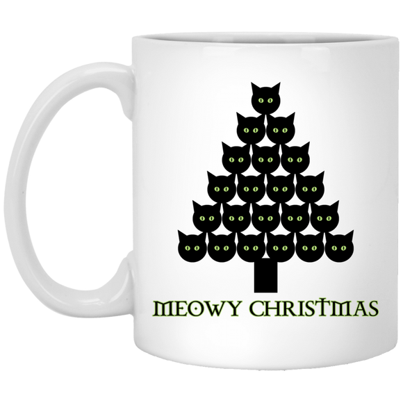 Meowy Christmas Tree White Mugs