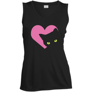 Black Cat Heart Ladies Sleeveless Moisture Absorbing V-Neck