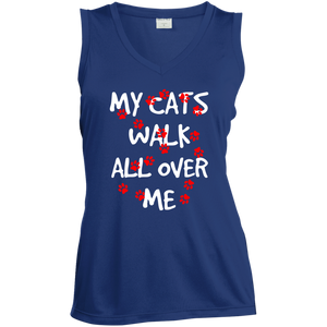 My Cats Walk All Over Me Ladies Sleeveless Moisture Absorbing V-Neck
