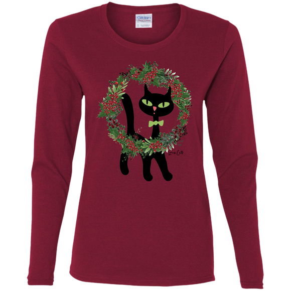 Victor in Christmas Wreath Ladies Long Sleeve T-Shirts