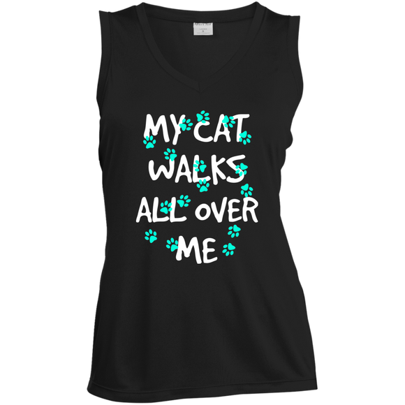 My Cat Walks All Over Me - Turquoise Pawprints Ladies Sleeveless Moisture Absorbing V-Neck