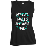 My Cat Walks All Over Me - Turquoise Pawprints Ladies Sleeveless Moisture Absorbing V-Neck