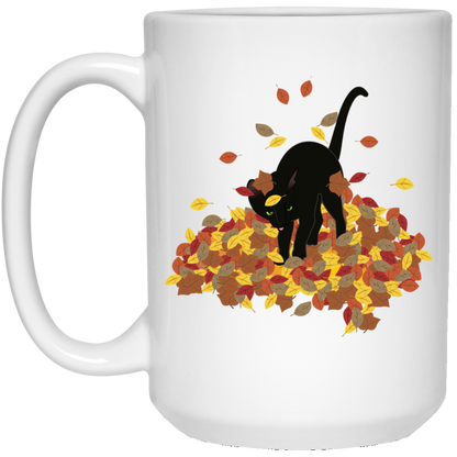 Cat in Leaves - White Mugs