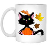 Lucky the Black Cat with Pumpkin Mugs