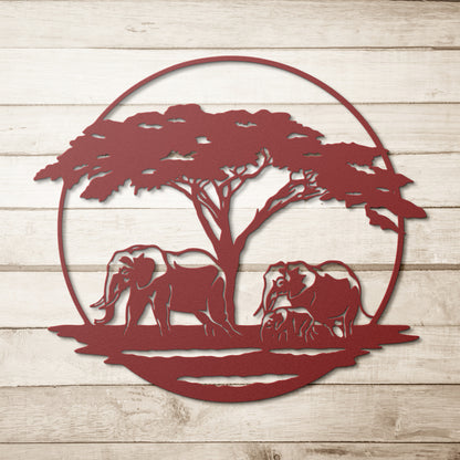 Elephant Family Circle - Metal Wall Art