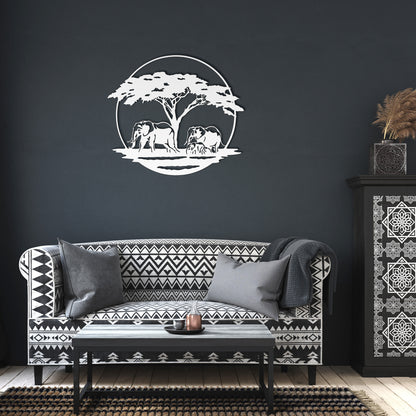 Elephant Family Circle - Metal Wall Art